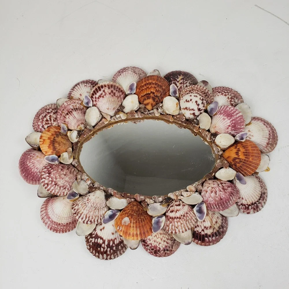 Vintage Handmade Seashell Wall Mirror Oval Coastal Nautical Decor Mexico 14.5in